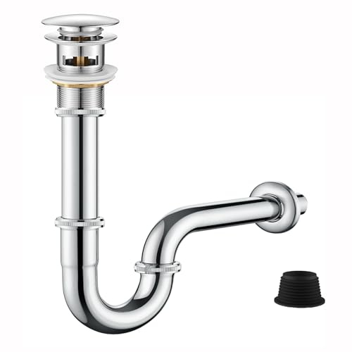 Waschbecken Sifon Siphon Ablaufgarnitur Pop Up Ablaufventil Abfluss Überlauf Siphon Universal für Waschbecken & Waschtisch - Abflussgarnitur passgenau (Ablaufgarnitur mit Silbrig Überlauf)