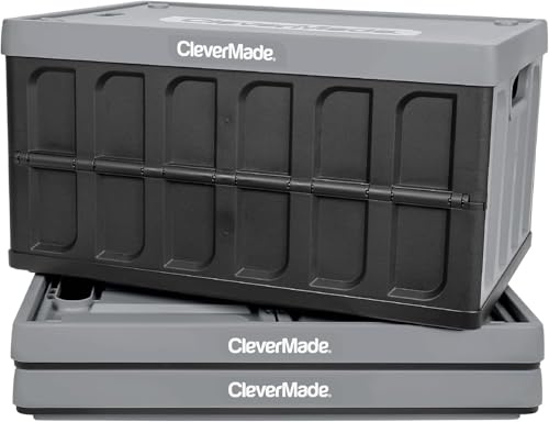 CleverMade Collapsible Storage Bins with Lids (62L, 3 Pack) – Heavy Duty Foldable Plastic Storage Crates for Garage, Closet & Trunk Organization - Stone