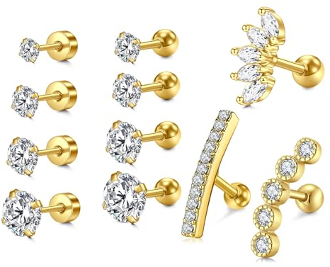 WillTen 11pcs 16G Helix Piercings Chirurgenstahl, Knorpel Ohrpiercing Tragus Piercing Gold Daith Ohrringe Körper Ohr Piercing Schmuck 6mm