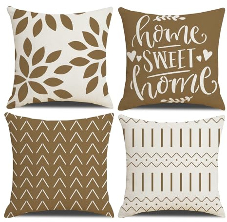 Kissenbezüge, Kissenbezüge 60 x 60, 4er-Set, braune quadratische Dekokissenbezüge, Kissenbezüge 16 x 16, 4er-Pack für Außenterrasse, Garten, gebleichtes Wohnzimmer, Sofa, Bauernhaus-Dekoration