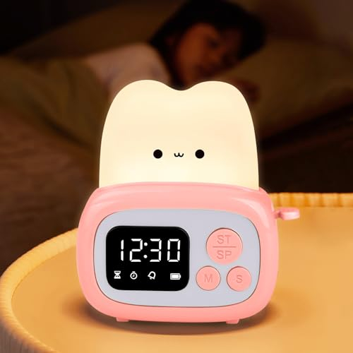 SOARFLY Süßer Wecker Toaster LED Nachtlicht, Cute Lamp Nachtlicht Kinder mit Zeitmanagement Tool, Wecker Digital Kinder für Kinderzimmer Deko, Kinder Lampe Geschenk für Baby Mädchen Jungen(Rosa)