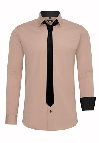 Rusty Neal Herren-Hemd Premium Slim Fit Langarm Stretch Kontrast Hemd mit Krawatte Business-Hemden Outfit Freizeithemd Set 44_99, Größe:S, Farbe:Beige