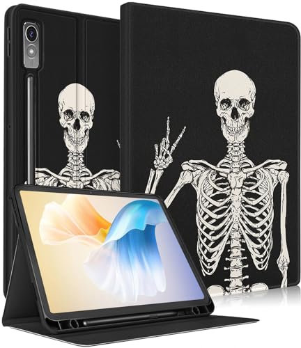 LISEVO for Lenovo P12 Skull Folio Cover with Pencil Holder, Auto Week/Sleep Design for Lenovo Tab P12 Case 12.7 Inch 2023, Fun Skeleton