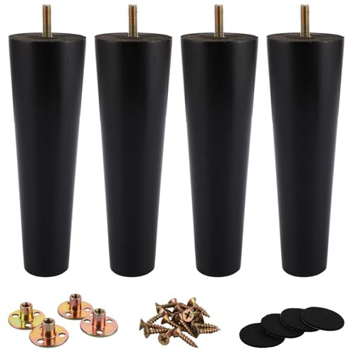 ZOFUN Lot de 4 pieds de meubles en bois, noirs, 20 cm, avec boulons pré-percés M8 5/16, plaques de montage et vis, pour canapé, lit, armoire, canapé
