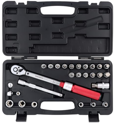BINGCOBBER 3/8 Jeu de clés dynamométriques 5-60 Nm,28PCS Outil de précision comprenant Tige d'extension, Embouts, Écrous, Adaptateurs pour moto Vélo