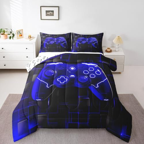 Manfei Modernes Gamer-Bettwäsche-Set für Kinder, Doppelbett, königsblau, Gaming-Bettwäsche-Set für Jungen, Teenager, Erwachsene, Schlafzimmer-Dekor, schwarze Videospiel-Daunendecke, wendbares