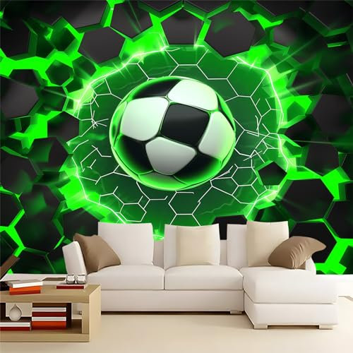 Papier Peint Intissé 200 x 140 cm Art du jeu de style dessin animé Déco Murale Maison Chambre Salon, Photo Murale Décorative Hexagones Verts Et Noirs De Football - Pour Jeunesse Enfants