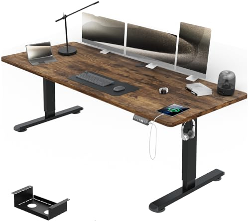 Airfish Höhenverstellbarer Schreibtisch mit USB-Buchse, Elektrisch Schreibtisch mit Kabelwanne, Computertisch, Bürotisch, Stehpult mit Erinnerung an sitzende Tätigkeiten, 200 x 80 cm, Vintage-Braun