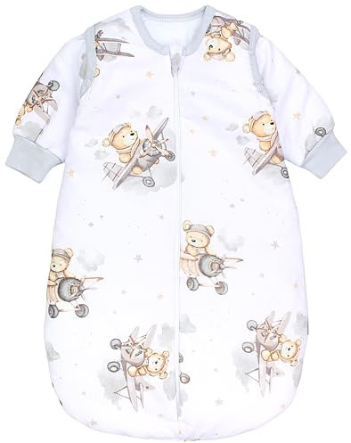 TupTam Schlafsack Baby 2.5 TOG - Ganzjahresschlafsack mit abnehmbaren Ärmeln, OEKO-TEX zertifiziert, Farbe: Bärchen im Flugzeug/Weiß/Beige, Größe: 80-86