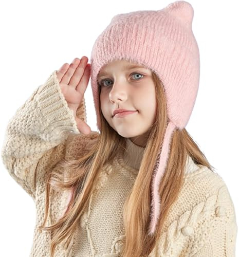 Kinder Winter Katze Ohren Gestrickte Ohrklappe Hut 4-10Y Jungen Mädchen Cartoon Beanie Hut mit Schnur Kinder Warme Vollfarbe Plüsch Kappe Anti-kalte Ohren Schützen Zubehör Outdoor Radfahren Skimütze