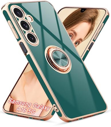 Jusy für Samsung Galaxy A16 5G Hülle, mit 360° Drehbarem Ring-Magnetständer, Luxuriösem Hochglanz-Finish und Galvanisierter Stoßfester Schutzhülle für Das Telefon,Grün
