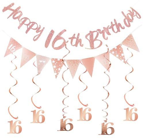 16 Geburtstag Mädchen Partydeko Set, Happy Birthday Banner 16 Jahre, Sweet 16 Deko Luftschlangen,Deko 16 Geburtstag Rosegold,16. Geburtstag Deko Girlande Spiralen,Geburtstagsdeko 16,16 Geburtstag Deko