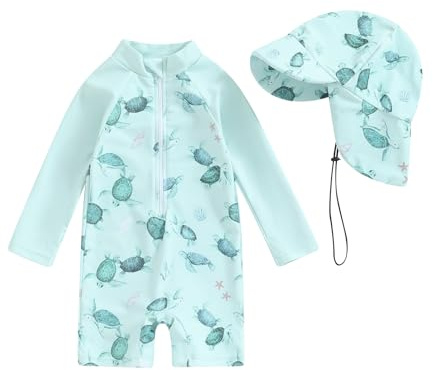 Loalirando Traje de baño infantil bebé niño de 2 piezas Anti-UV, mono con cremallera de manga larga estampado + sombrero de ala ancha