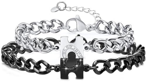 YEWCEP 1 Paar Freundschaftsarmbänder, Pärchen Armband Partnerarmbänder Armbänder mit Puzzle Yin Yang Puzzle Pärchen Armband Verstellbare Panzerkette in Silber und Schwarz Freundschaftsarmbänder
