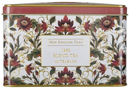 New English Teas Lata de té victoriana de flor de loto con 40 bolsitas de té tradicionales de mezcla de 1869, inspirada en bordados y diseños textiles