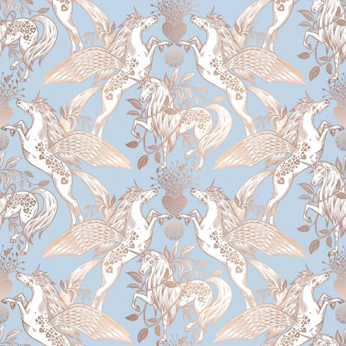ReWallpaper Tapete Blau Edel Wandtapete Selbstklebend Einhorn Beige 44.5CMx7M Klebefolie Kinder Mädchen Tapeten Schlafzimmer Elegant Blau Dekofolie für Möbel Schränke Wand Schubladen