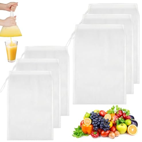 Annickee 6 Bolsas De Tela Reutilizables Para Filtrar Leche Vegetal, Colador de Tela 20×30cm/ 24×36cm, Cheese Cloth Nylon de Malla 100 con Cuerda, para Tamizar Zumo, Queso, Leche de Nueces