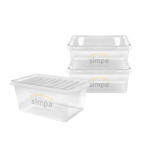simpa 45 Litre 45L Stackable Plastic Storage Box with Clear Lids - 26cm (H) x 60cm (L) x 40cm (W) - Set of 3 Boxes