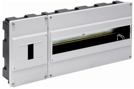 Caja empotrable gris de 16 elementos, dimensiones 420x188x55mm, ideal para organizar conexiones eléctricas y cableado.