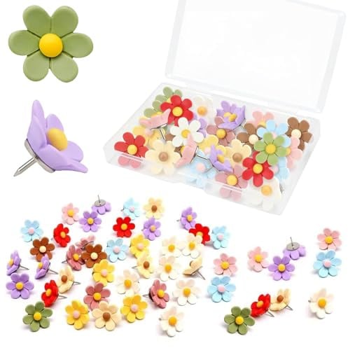 VYNFLICK Flower Push Pins - 50 Pcs Decorative Floral Thumb Tacks with Storage Box, 10 Colors Cute Pushpins for Cork Board Bulletin Board Photo Wall Map Girls Bedroom Office