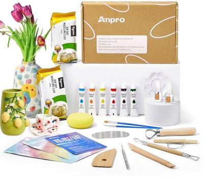 Anpro 21 PCS Pottery Kit,2x500g Air Dry Clay for Adults | Air Dry Clay Kit with wooden tools,a Set,Mixing Palette,Paints,Matte Varnish,Paint,bottles of varnish,Resealable Bags
