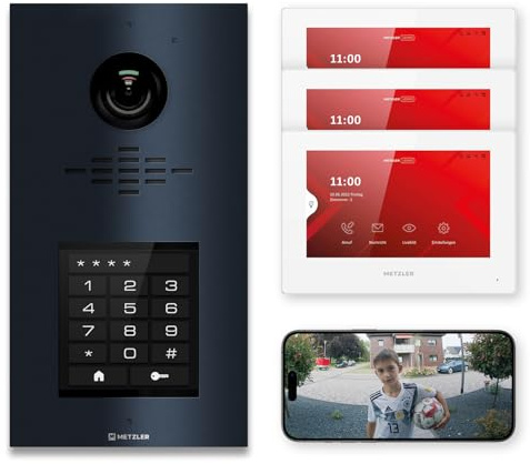 Metzler Video Sprechanlage für 1-500 Parteien Komplett Set - LAN/POE - Türsprechanlage mit IPS Touchscreen-Display und 3 Innenstationen als Kit, in Anthrazit aus V2A Edelstahl | VDM10 2.0 Horizon