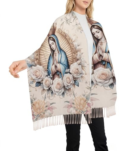 INCOK Virgen de Guadalupe Scarf - Christian Prayer Shawls Wrap with Virgin Mary and Rose Pattern, Gifts for Catholic Women, Rebozos Bordados Mexicanos, Christmas Gift for Mother Grandma Mom
