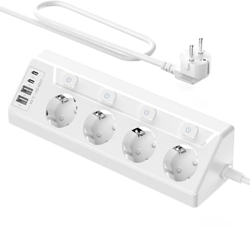 Inhwatek Multiprise avec Interrupteur, 4 Prise Plan de Travail Cuisine, Multiprise Angle 2m avec 2 Ports USB A et 2 Ports USB C, Prise Parafoudre et Surtension pour Meuble Canapé Bureau Table