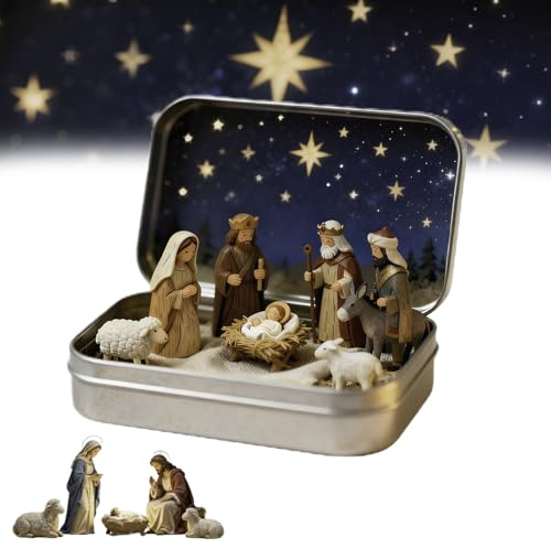 Mini Christmas Nativity Set In A Tin Box, Handmade Resin Miniature Nativity Doll Scene Set, Pocket Birth Of Jesus Manger Ornament With Holy Family Sheep Figurines, Christmas Nativitys Scene Decor