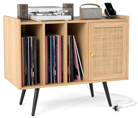 COSTWAY Record Player Stand with Charging Station, Turntable Stand End Side Table with Rattan Door & Shelves for 220 Albums, Metal Legs Vinyl Record Storage Cabinet Holder for Living Room Bedroom
