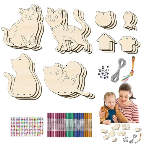 Wind Chime Crafts for Kids | 12 Pack Wind Chime Kit,Wooden Coloring Kit - Make Your Own Cat Birdhouse Fishbone Unfinished Ornaments for Girls Boys