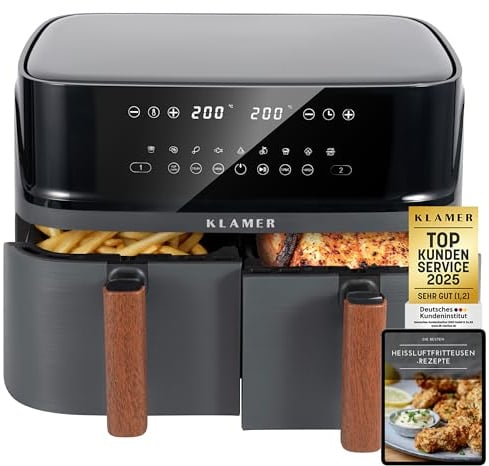 KLAMER Heißluftfritteuse Duo 9 L, beide Körbe werden gleichzeitig fertig | 2 Kammern mit je eigenem Timer, Temperatur und Programm. Match kopiert Einstellungen, Sync stimmt die Fächer zeitlich ab