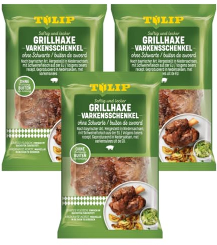 Tulip 3x 500g Schweinehaxe ohne Schwarte - Grillhaxe vorgegart tafelfertig | 3er Packung, glutenfrei, ungekühlt haltbar, im Ofen oder Grill in 35 Min zubereitet, saftiges Schweinefleisch aus der EU