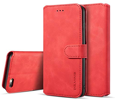 UEEBAI PU Leder Hülle für iPhone 6 Plus iPhone 6S Plus, Vintage Retro Premium Wallet Flip Cover TPU Innenschale [Kartenfächer] [Magnetverschluss] Standfunktion Folio Stoßfest Voller Schutz - Rot