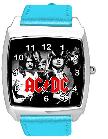 TAPORT® Armbanduhr Analog Quarz mit Echtlederband Blau Quadrat für Fan von ACDC
