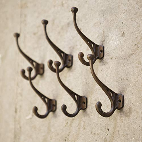 Garden Mile® Set of 6 Antique Garden Hook Rustic Brown Cast Iron - Strong Metal Garage and Shed Storage Hooks - Coat and Tool Hooks Suitable for Outdoors