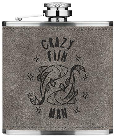 Crazy Fish Hombre Stars 6oz PU Cuero Petaca Gris Luxe