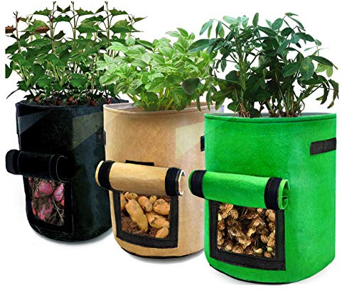 Bolsa de Cultivo de Plantas, 3 Piezas Maceta de Cultivo de Patatas, Macetas de Tela con Asas, Bolsa Transpirable y Durable para Papas, Tomates, Fresas, Flores y Verduras, Degradables Maceta de Cultivo
