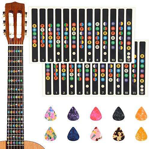 Gitarren-Griffbrett-Aufkleber, Gitarren-Noten-Aufkleber, Gitarren-Tabs, Aufkleber für Anfänger, mit 10 Gitarren-Plektren, 2 Stück