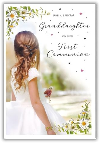 IC&G Granddaughter 'First Communion' Congratulations Card - Daisies and Girl - For Her - Religious Premium Greeting Card with Envelope