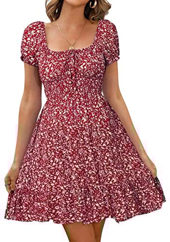 Livonmone Womens Summer Casual Sweetheart Neckline Puff Sleeve Floral Print High Waist Dress Boho Beach Mini Short Dresses (Wine Red, M)