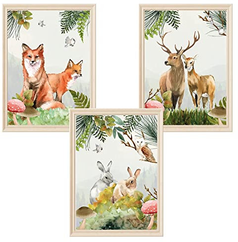 Générique 3 affiches animaux forêt décoration A4 - Chambre salon design - garçon fille adulte enfant - Motif Cerf Lapin Renard - Idée cadeau - Anniversaire - Thème forêt - Poster nature