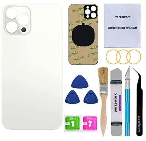 Perzework Vitre arrière de rechange (argent) compatible avec iPhone 12 Pro Max 6,7 tous les transporteurs avec adhésif préinstallé et kits d'outils de réparation