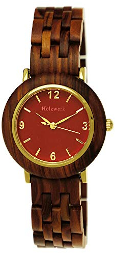 Holzwerk Germany Handgefertigte Designer Damen-Uhr Öko Natur Holz-Uhr Braun Gold Rot Holz Armband-Uhr Analog Klassisch Quarz-Uhr