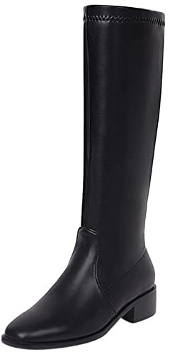 Lizoleor Donna Square Toe Moda Knee Stivali Stretch Tacco Medio Inverno Casuale Comodo Largo Fit Stivali Equitazione Zip Nero/Dl Numero 43 EU/45Cn