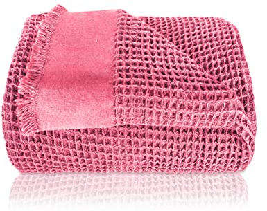 Gräfenstayn Premium Tagesdecke mit Fransen - 220 x 240 cm XXL - leichte Sommerdecke Waffelpique - 100% Baumwolle - kühlende Wohndecke, Baumwoll-Decke als Sofa und Bett-Überwurf (Rosa)
