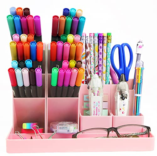 OFFCUP Desk Organiser, Multi-Functional Stationery Organizer, Pen Holder Storage Box Desk Tidy Pen Holder Desktop Storage Organizer for School Home Office Art Supplies (Pink)