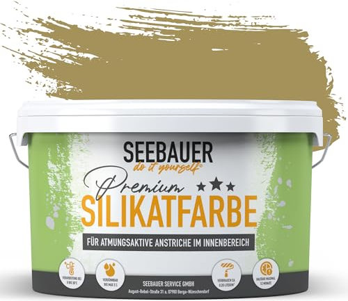 SEEBAUER diy Silikatfarbe Braun 5L für Innen (No. 655 Olive Oil) Atmungsaktive Mineralfarbe für Allergiker - Abwaschbare Wandfarbe - Brauntöne hohe Deckkraft