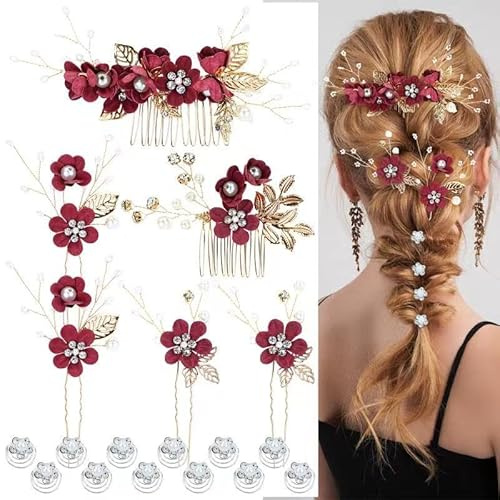 Cinaci Lot de 18 épingles à cheveux en fleur pour mariée, fête de mariage, bal de fin d'année, perles et strass bordeaux, torsion de fleurs, coiffe pour mariées et demoiselles d'honneur