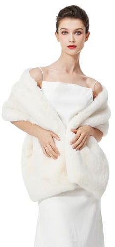 BEAUTELICATE Kunstpelz Stola Schal Damen Kunstfell Bolero Brautjacket Pelz Brautschal Brautstola Winter für Hochzeit Braut Abendkleid Festlich (Upgrade - Elfenbein, Einheitsgröße)